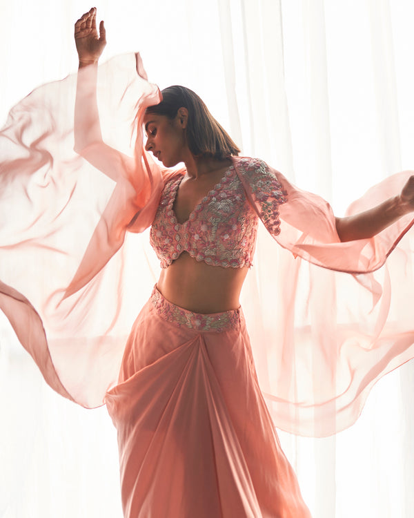 Silk peach embroidered blouse draped skirt and cape set