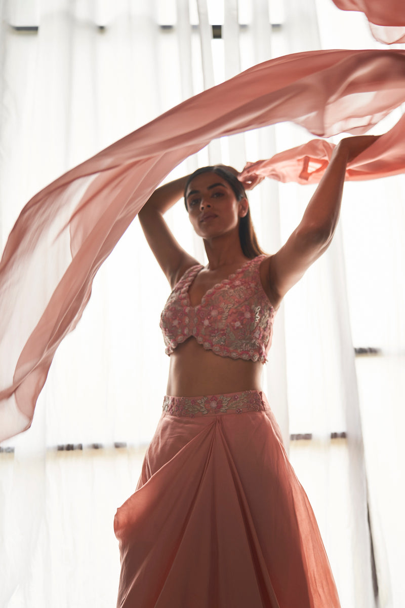 Silk peach embroidered blouse draped skirt and cape set