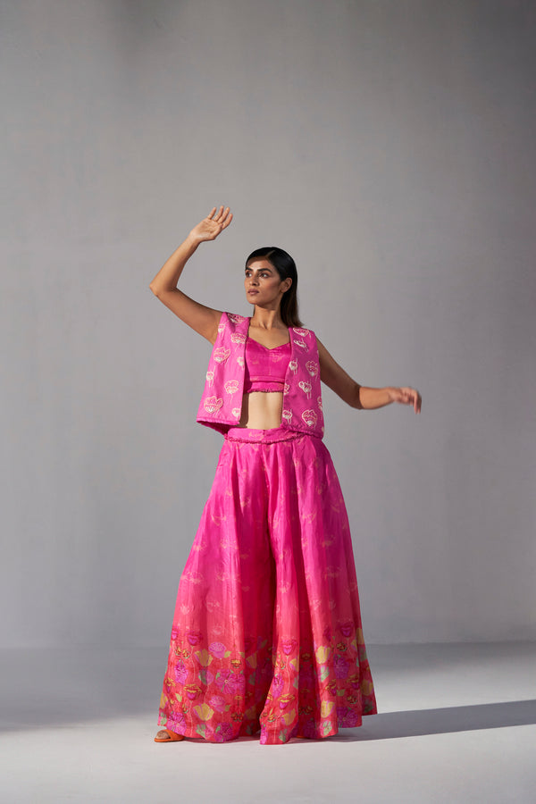 Ombre rose pink printed sharara with short jacket and bustier