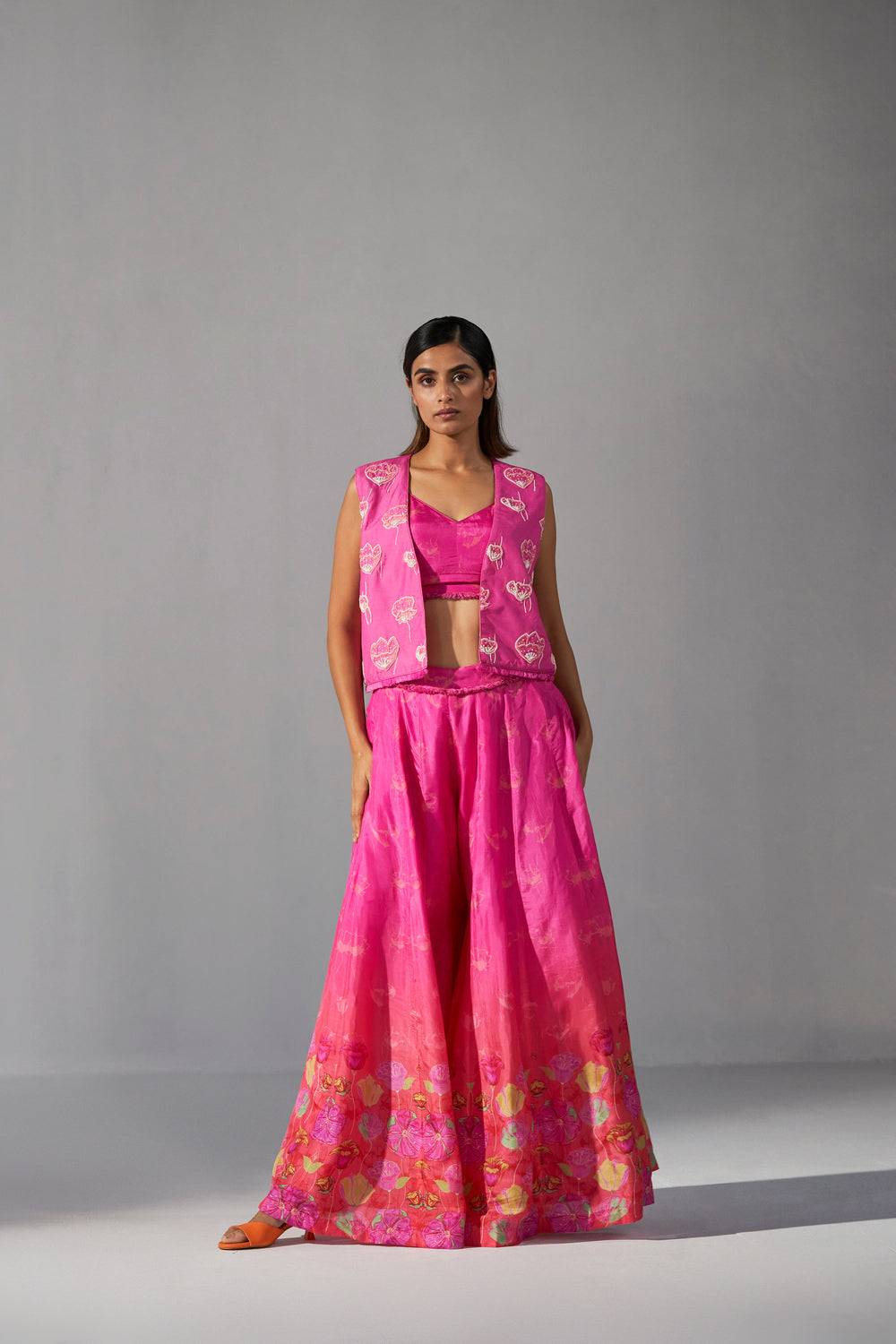 Ombre rose pink printed sharara with short jacket and bustier