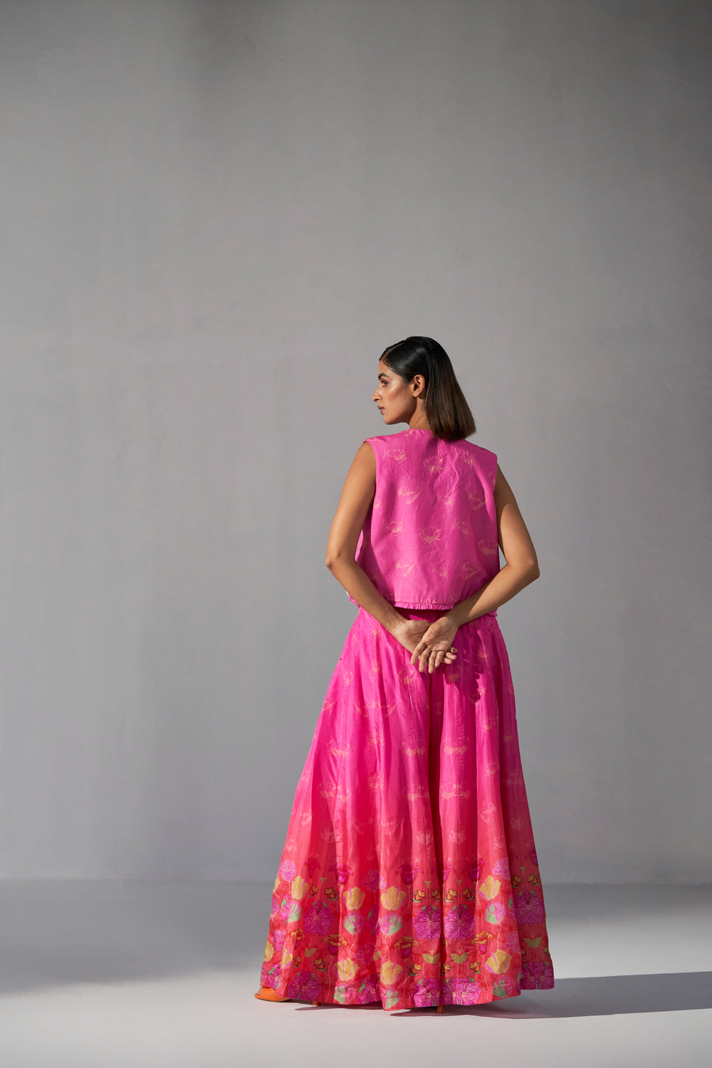 Ombre rose pink printed sharara with short jacket and bustier
