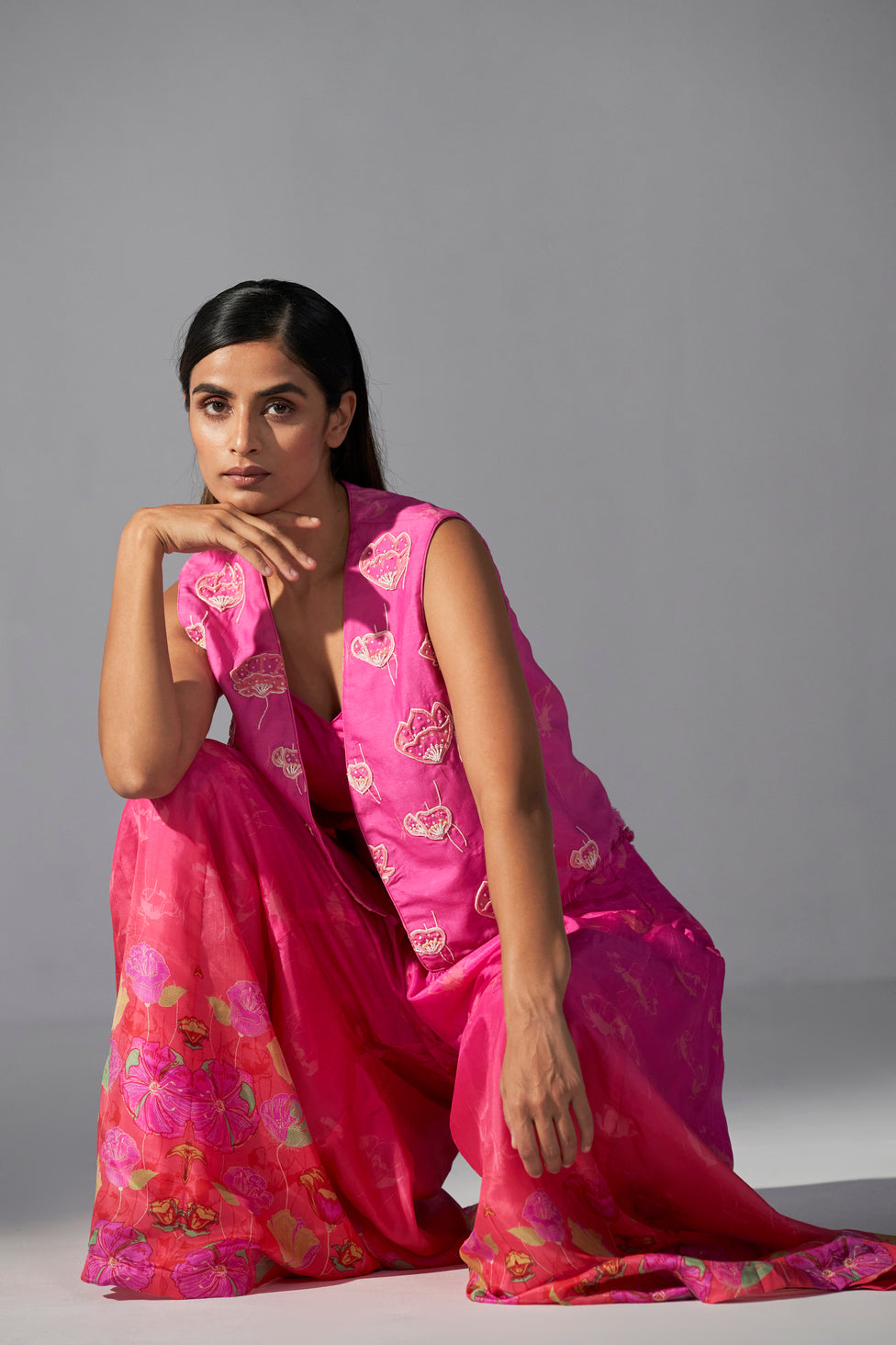 Ombre rose pink printed sharara with short jacket and bustier