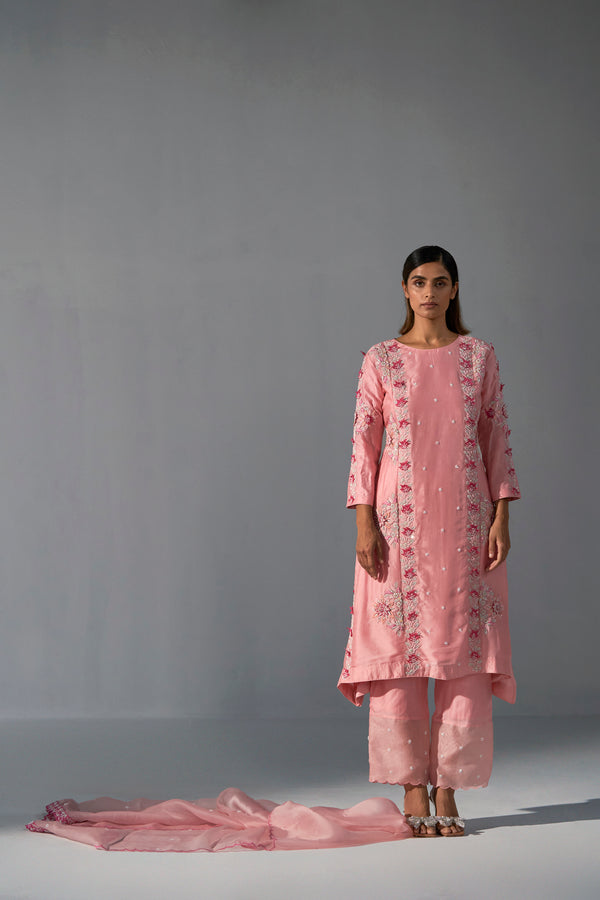 Organza Pink straight kurta with dupatta and straight pants