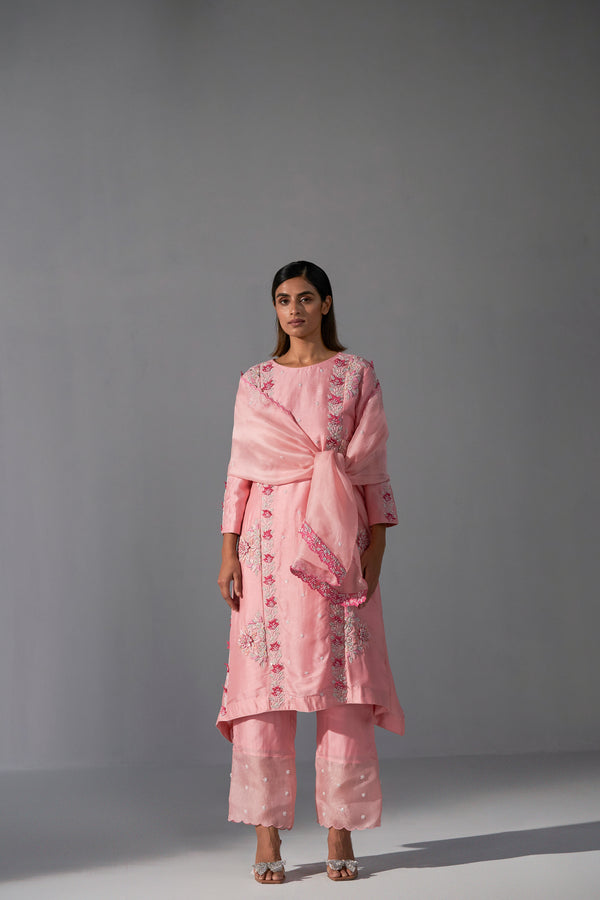 Organza Pink straight kurta with dupatta and straight pants