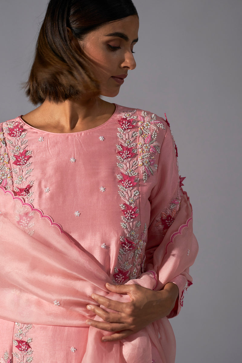Organza Pink straight kurta with dupatta and straight pants