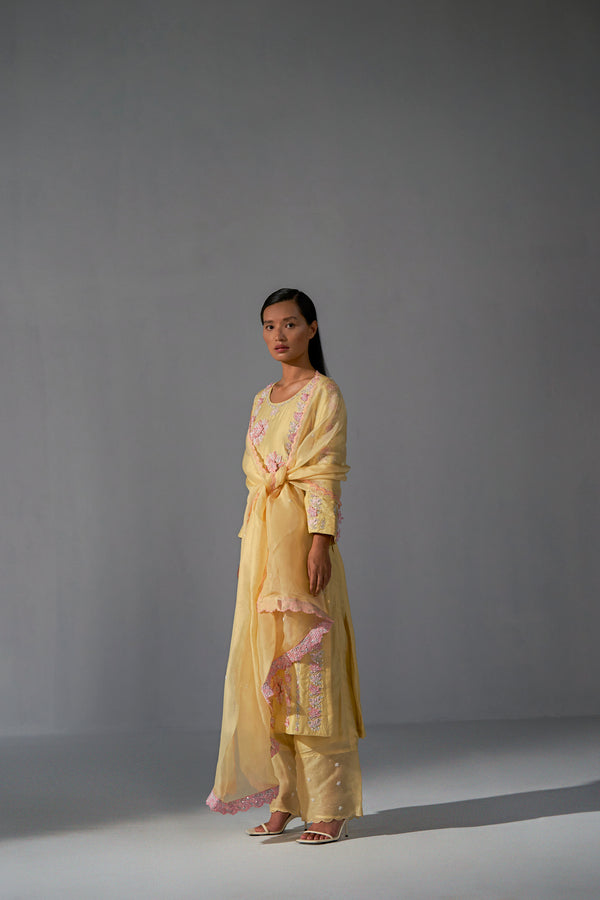 Organza Yellow straight kurta with dupatta and straight pants