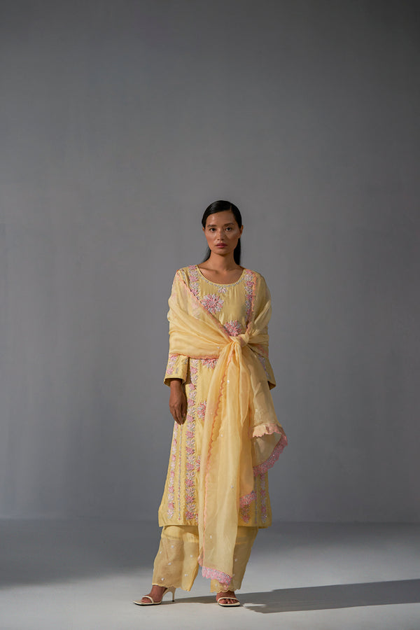 Organza Yellow straight kurta with dupatta and straight pants