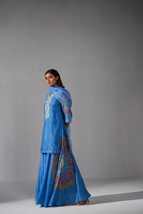 Blue placement printed sharara kurta and dupatta set