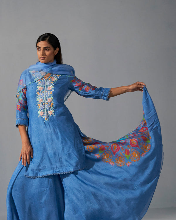 Blue placement printed sharara kurta and dupatta set