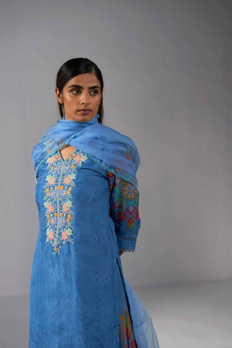 Blue placement printed sharara kurta and dupatta set