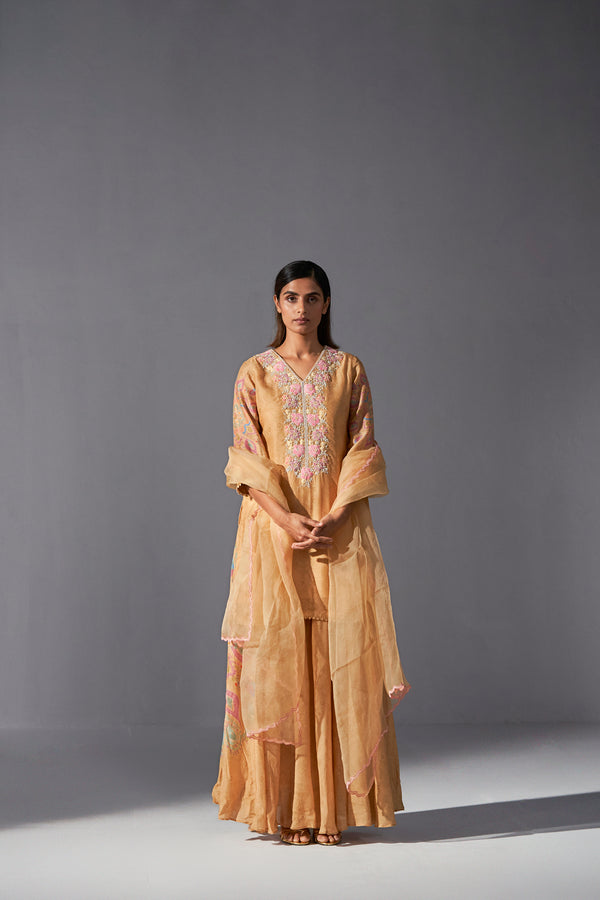 Mustard placement printed sharara kurta and dupatta set
