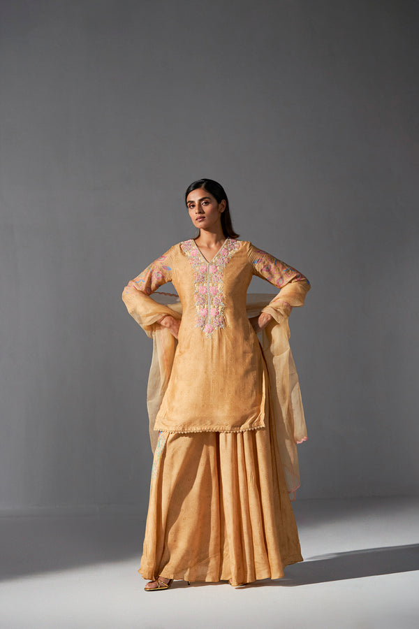 Mustard placement printed sharara kurta and dupatta set