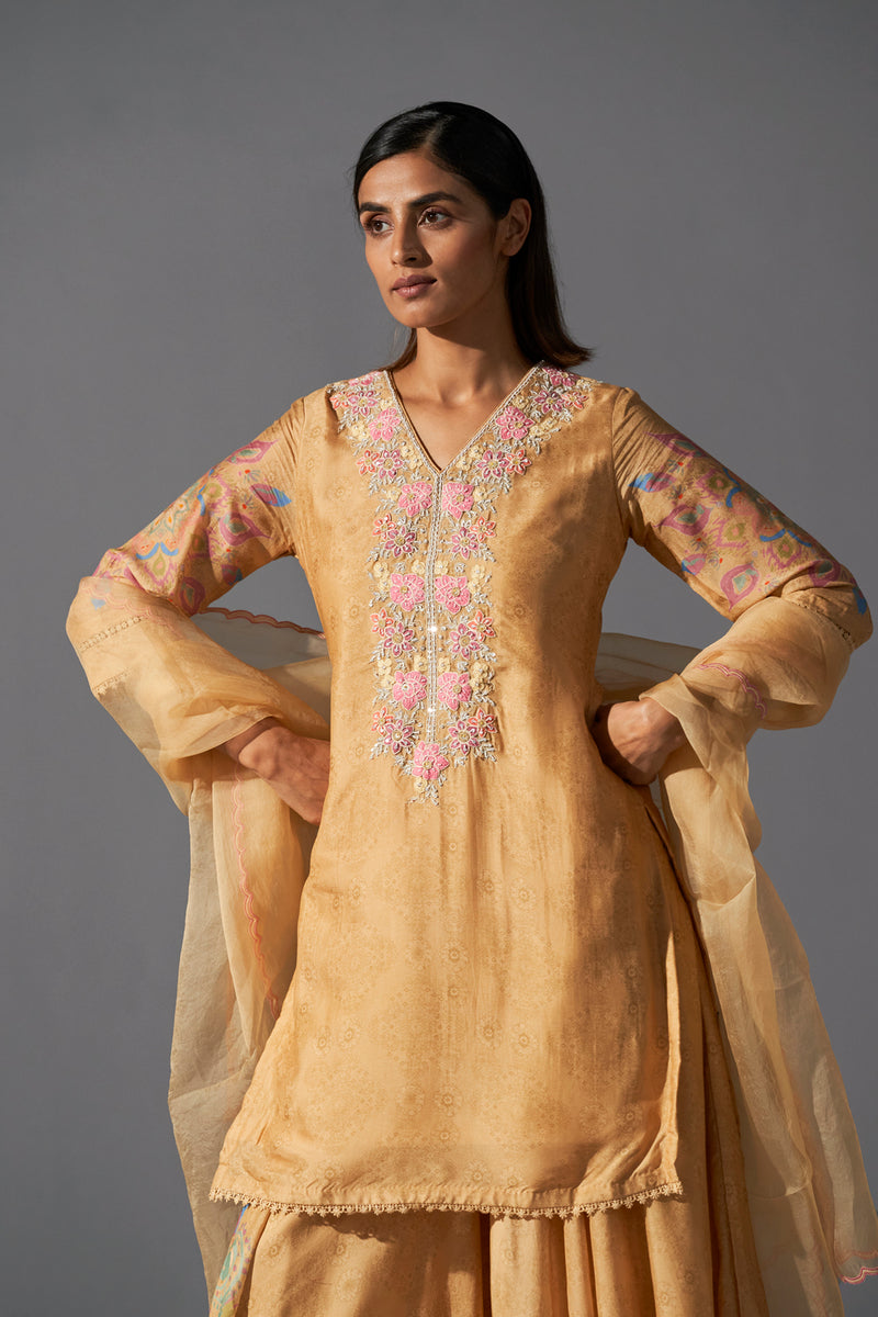 Mustard placement printed sharara kurta and dupatta set