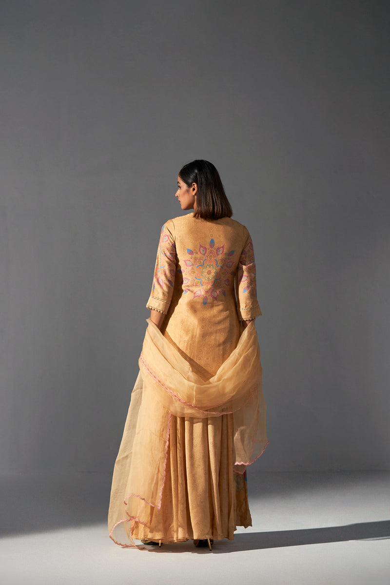Mustard placement printed sharara kurta and dupatta set