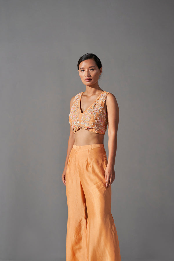 Tangerine zardozi embroidered jacket, bustier and bell bottom set
