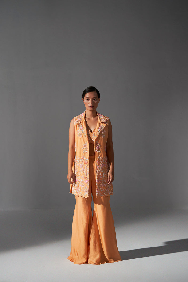 Tangerine zardozi embroidered jacket, bustier and bell bottom set