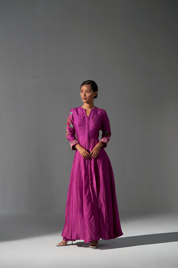 Magenta placement printed Angarkha with embellished cuff and fitted pants