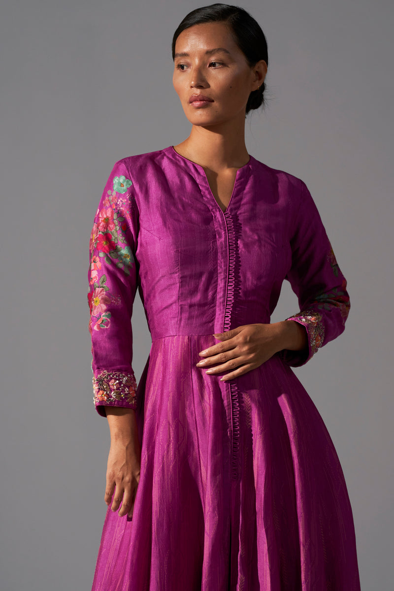 Magenta placement printed Angarkha with embellished cuff and fitted pants