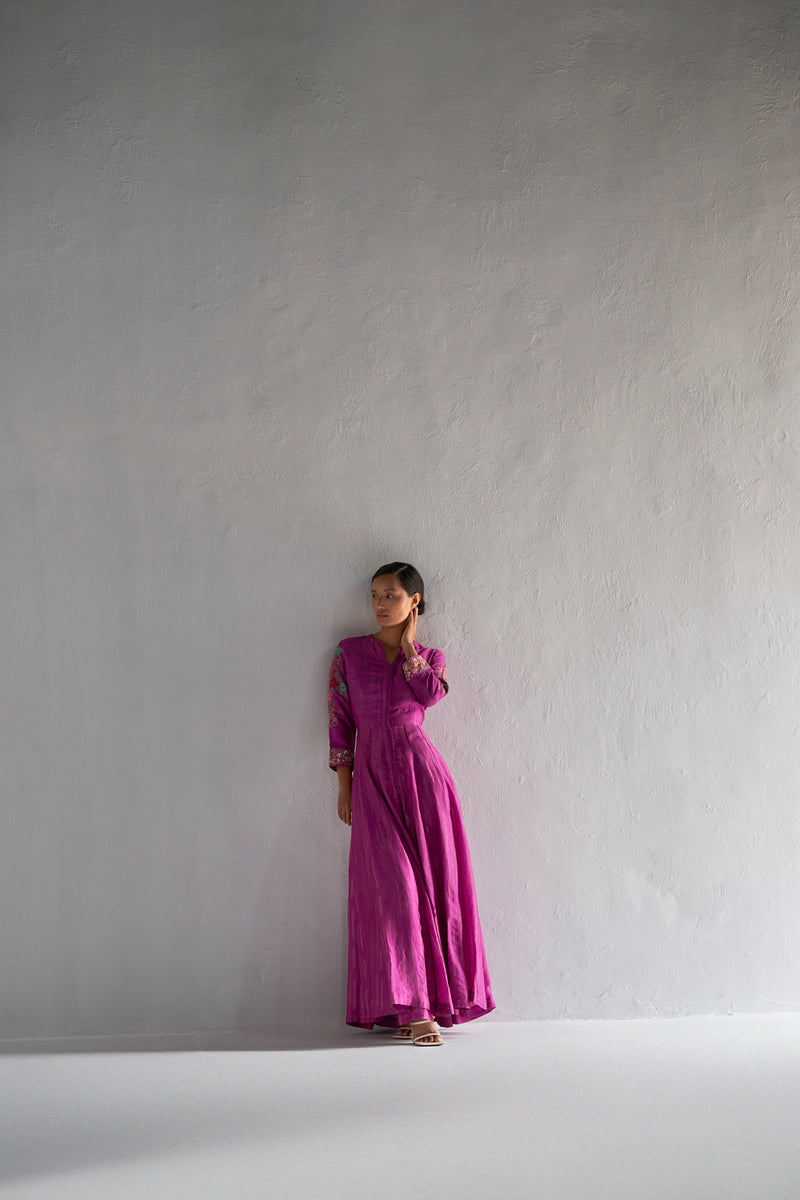 Magenta placement printed Angarkha with embellished cuff and fitted pants