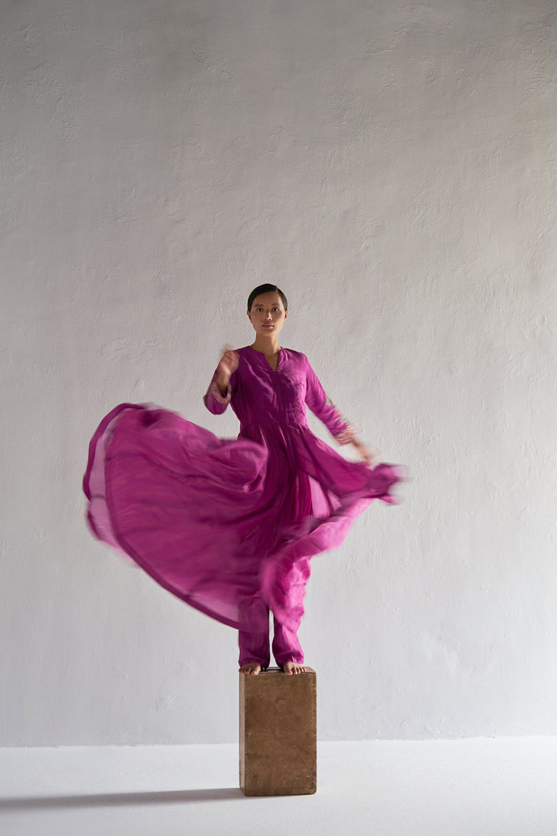 Magenta placement printed Angarkha with embellished cuff and fitted pants