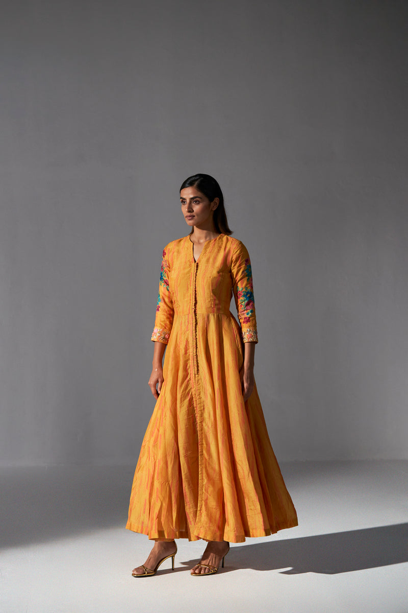 Ochre placement printed Angarkha with pants
