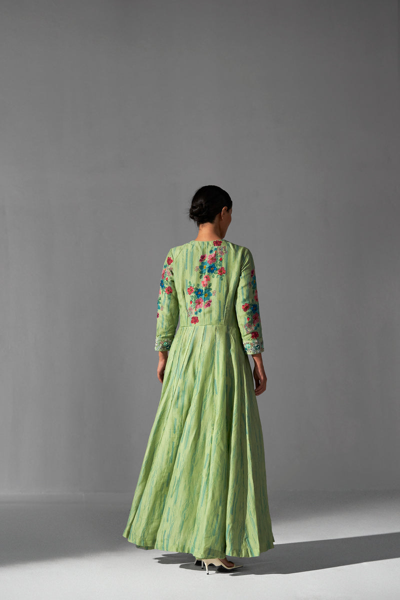 Green placement printed Angarkha with  fitted pants