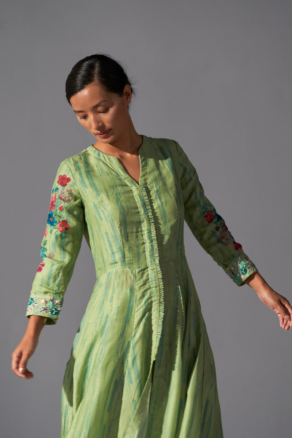 Green placement printed Angarkha with  fitted pants