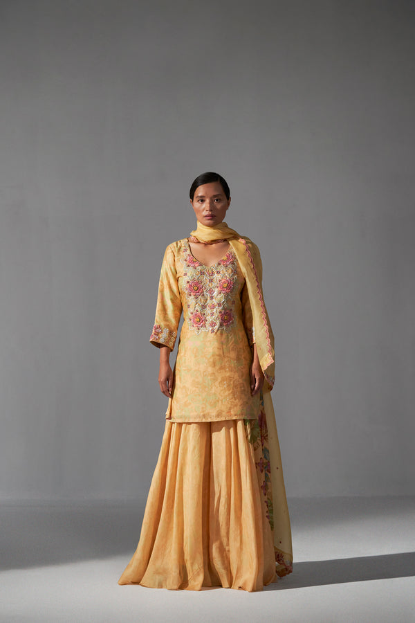 Yellow textured heavy top sharara dupatta set