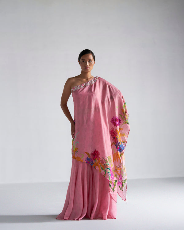 Pink floral printed one shoulder asymmetric top with sharara.
