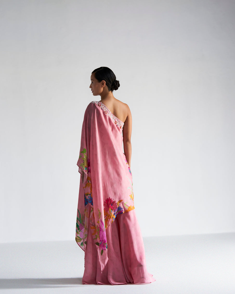 Pink floral printed one shoulder asymmetric top with sharara.