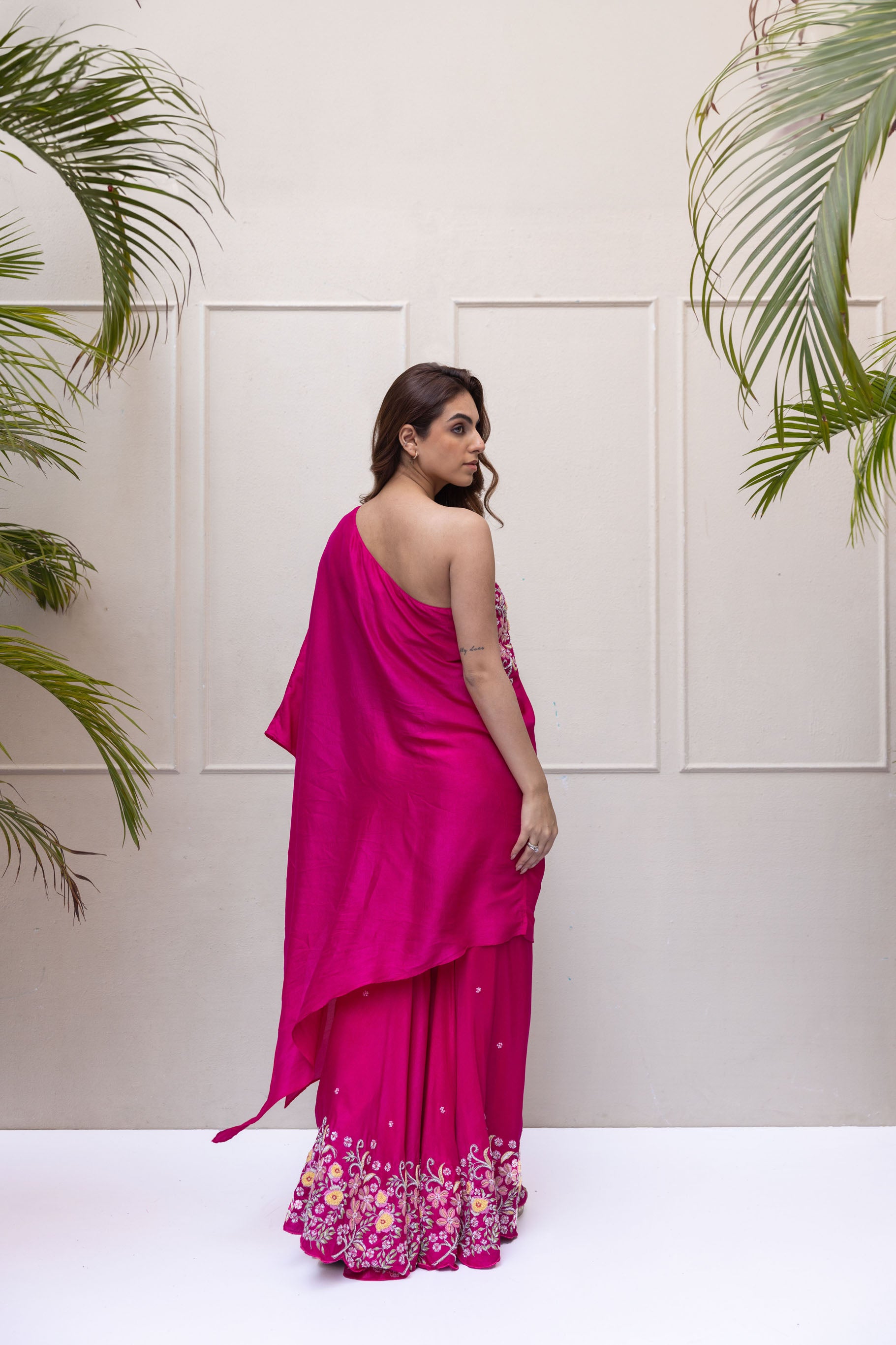 Magenta hand embroidered one shoulder