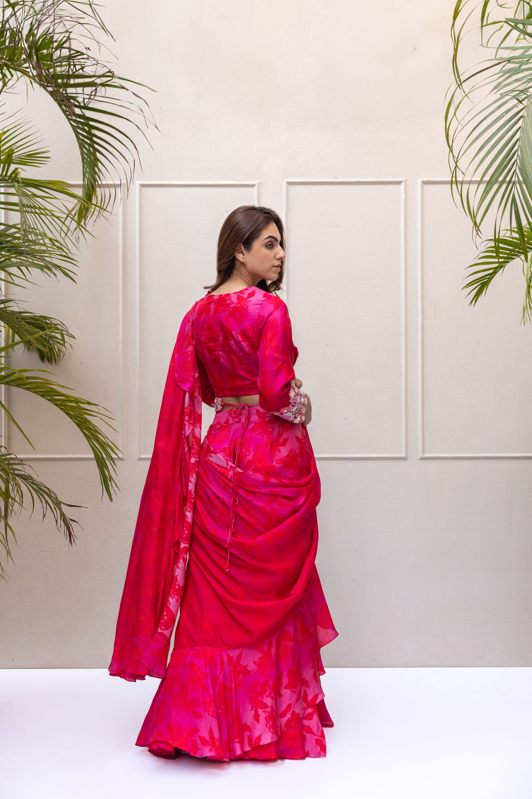 Red floral draped saree