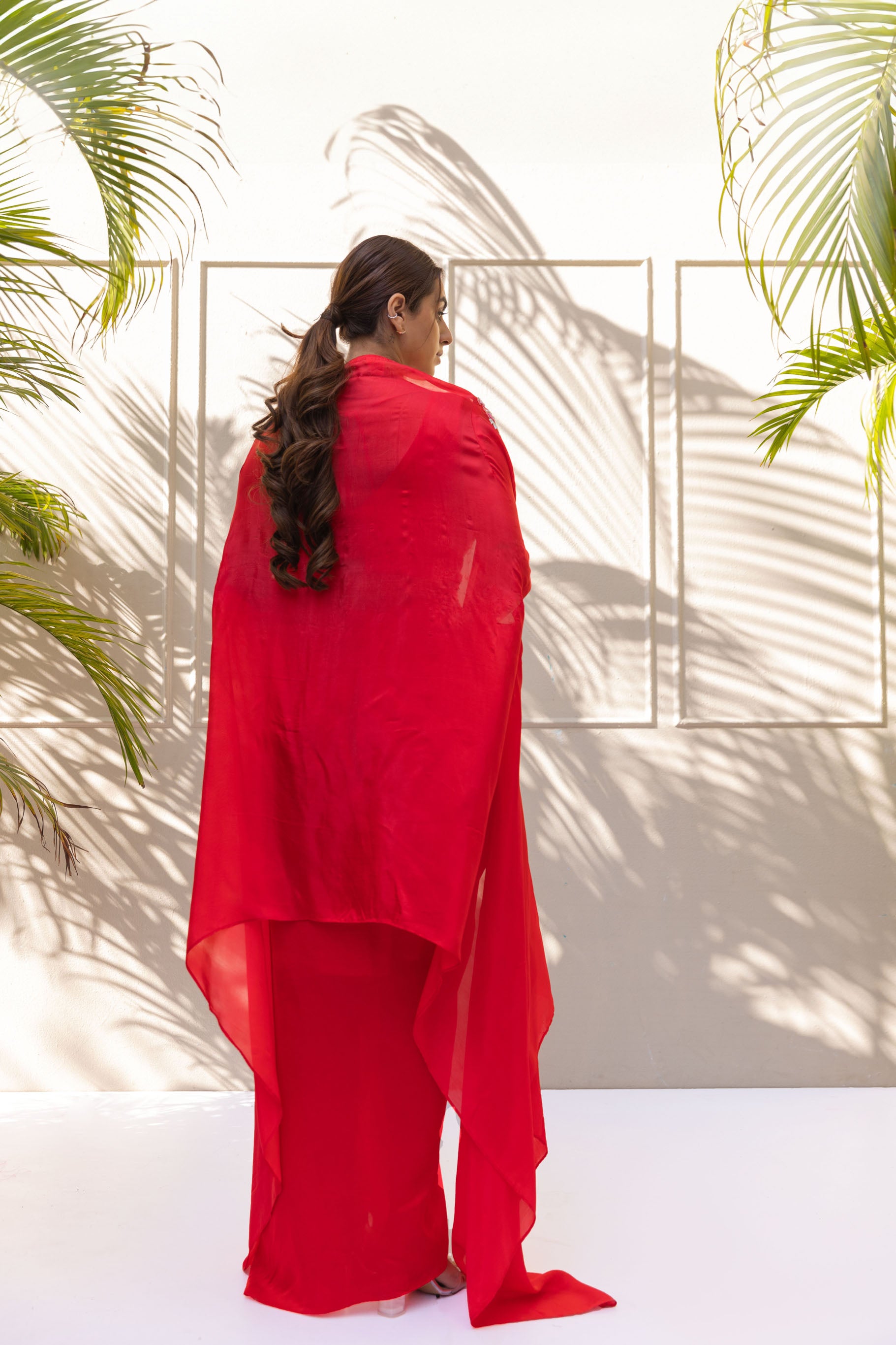 Red Silk draped skirt set