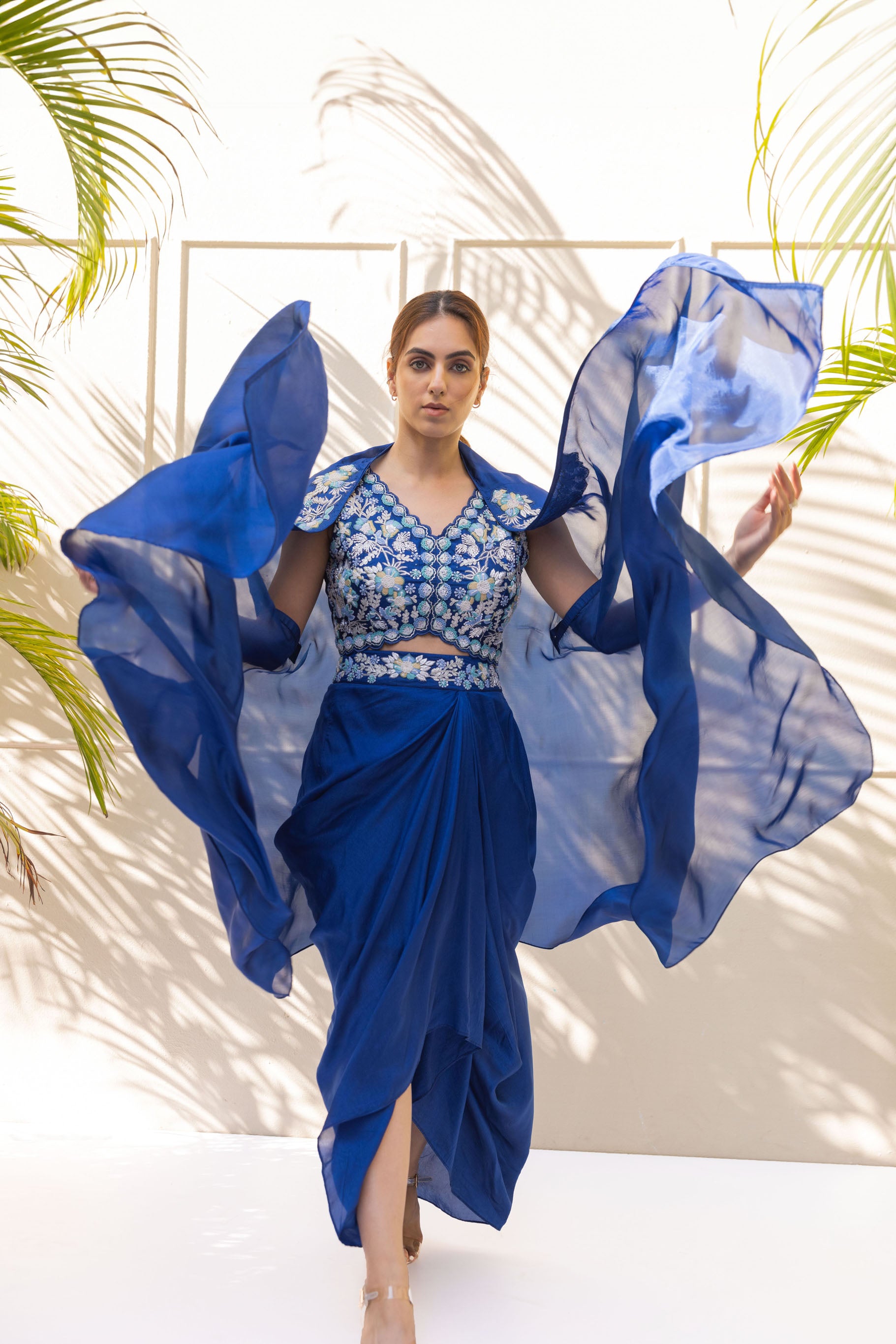 Indigo blue Silk draped skirt set