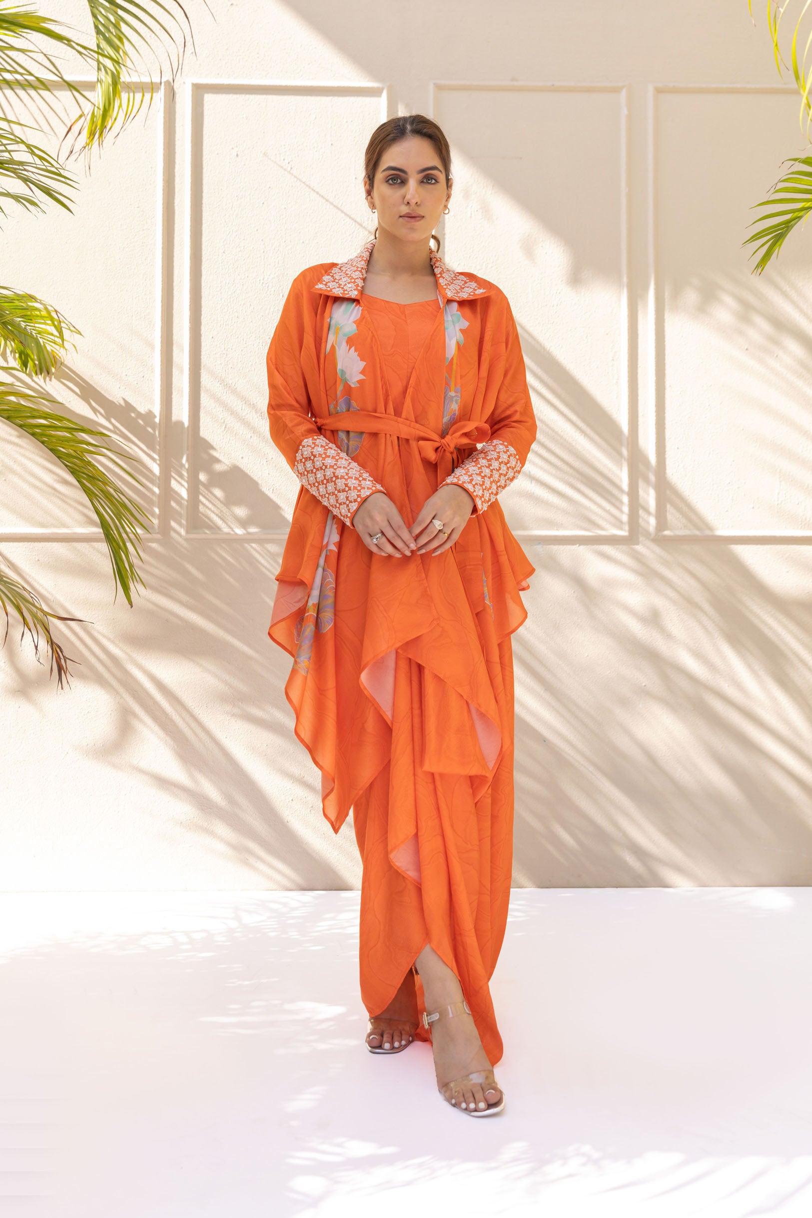 Orange draped skirt set