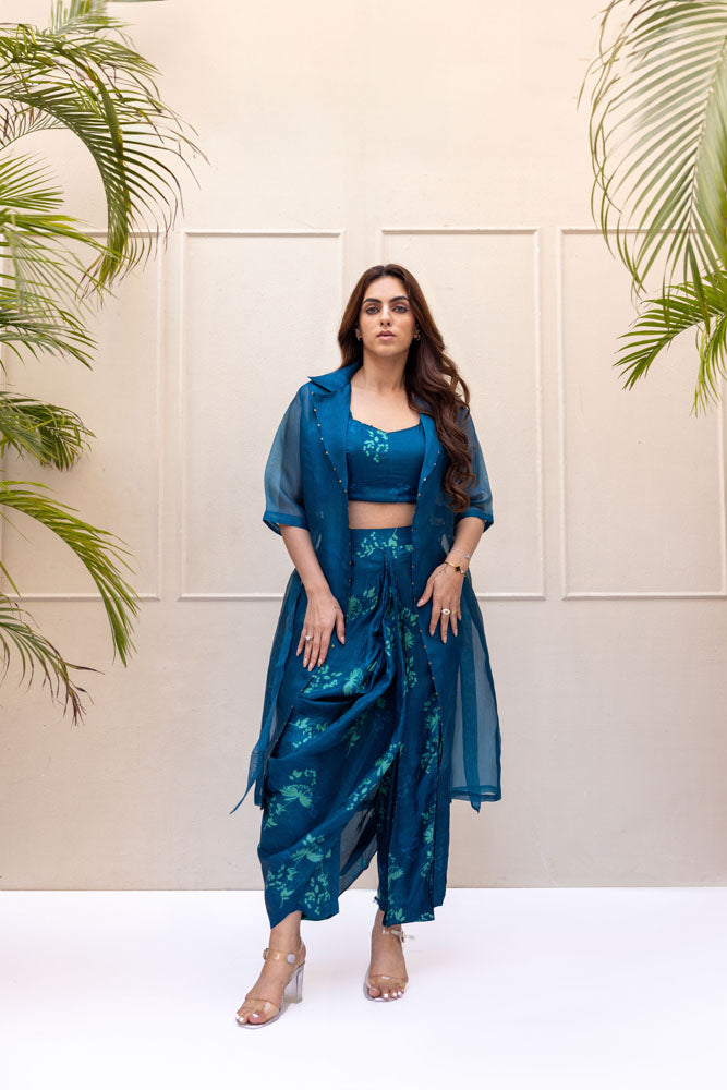 Teal Blue draped pants set
