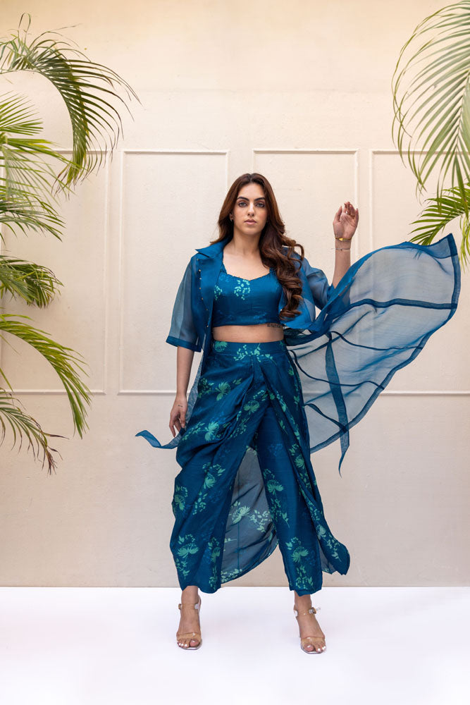 Teal Blue draped pants set
