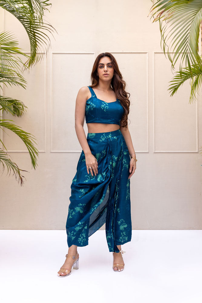 Teal Blue draped pants set