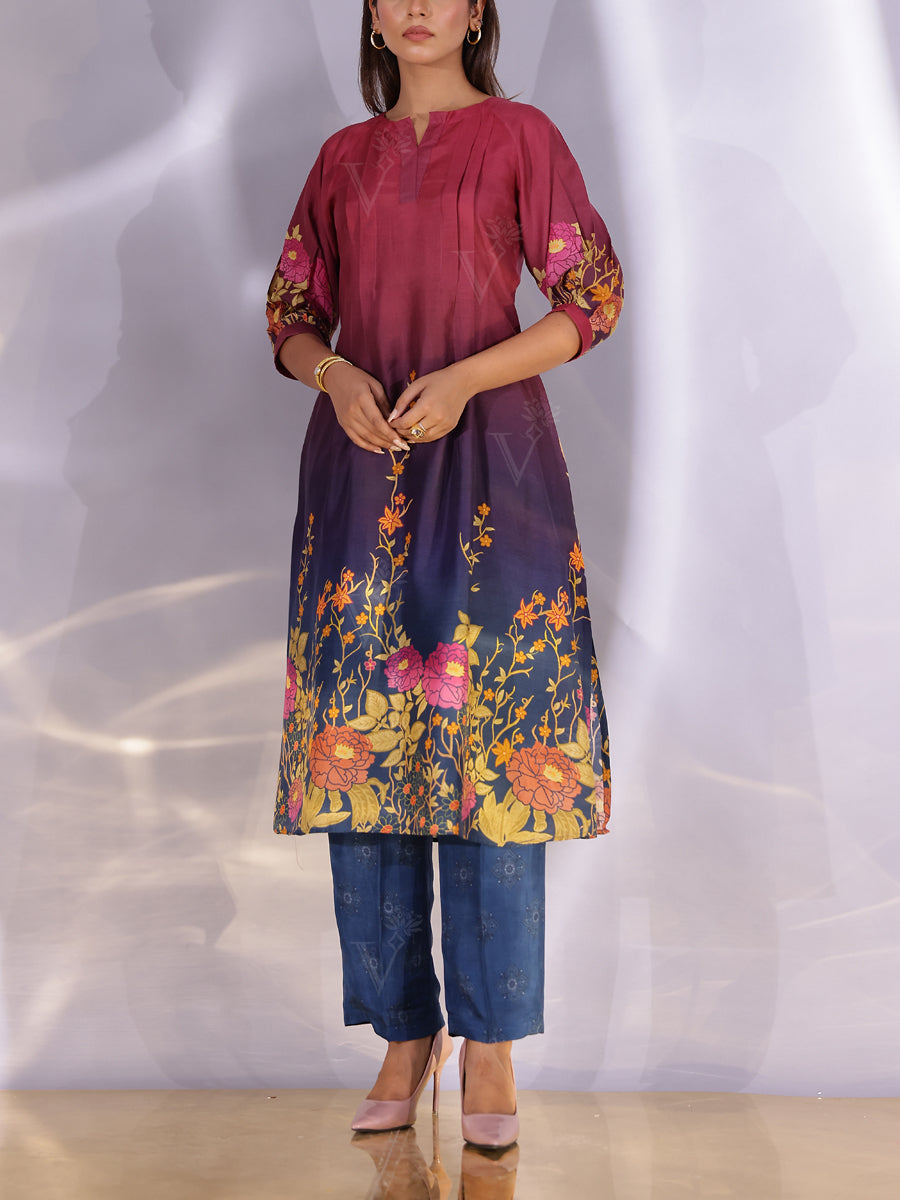 Wine and Blue Vasansi Silk Printed Co-ord Set