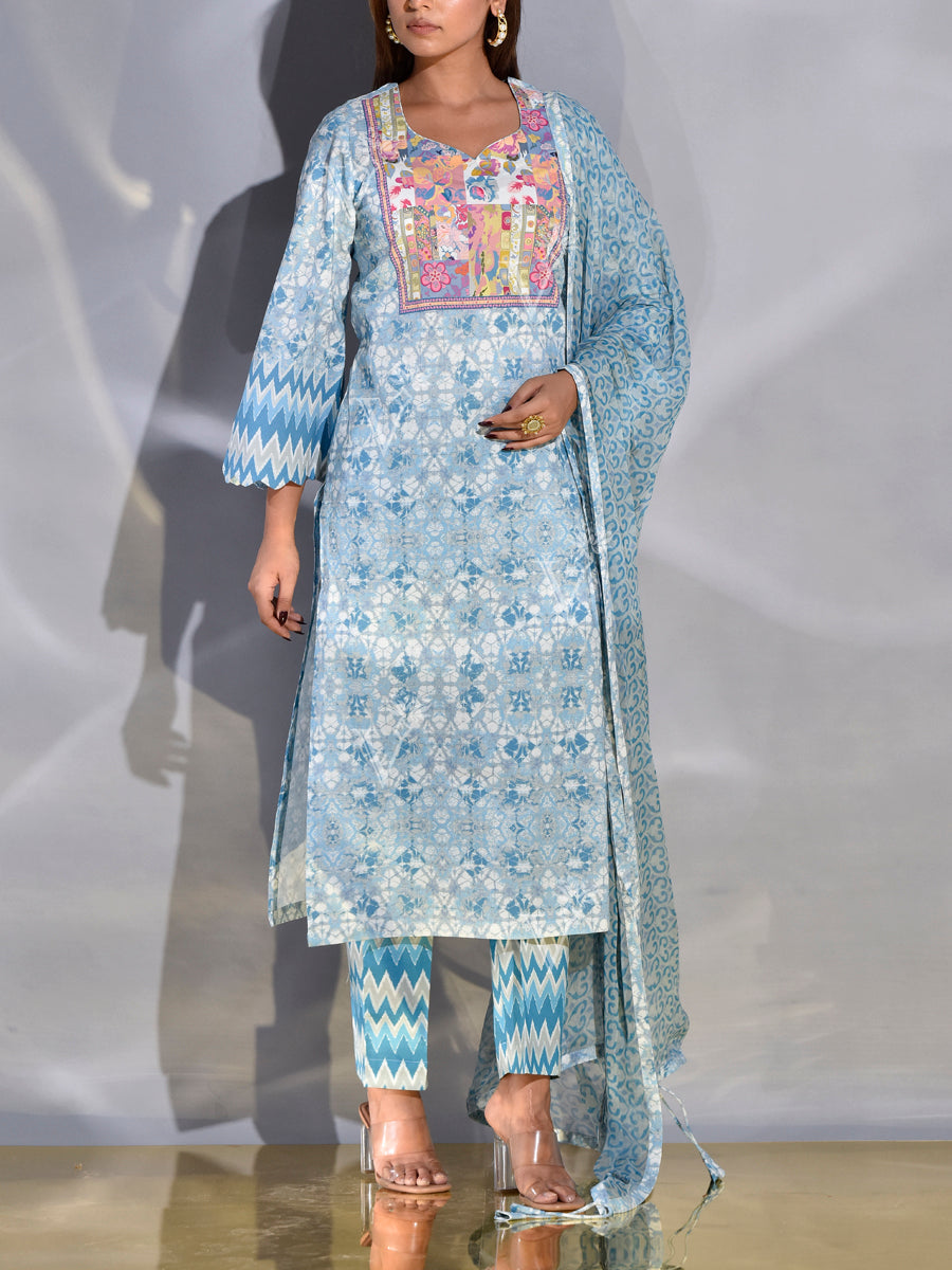 Blue Cotton Printed Suit Set