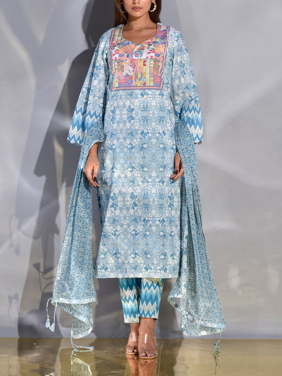 Blue Cotton Printed Suit Set