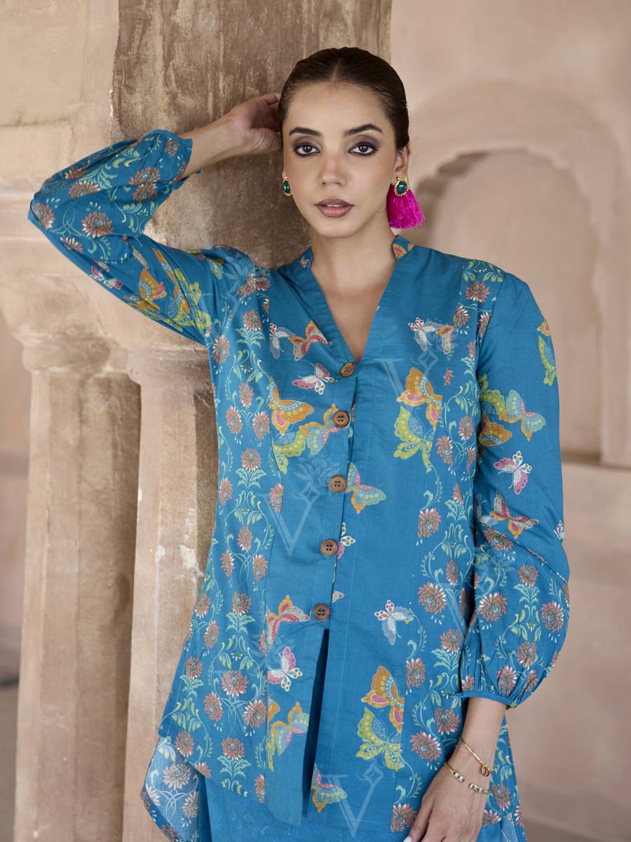 Blue Cotton Printed Co Ord Set