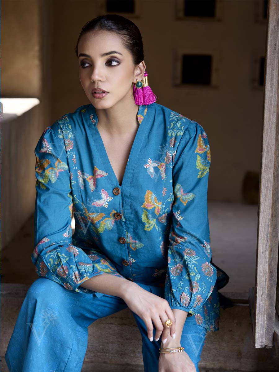 Blue Cotton Printed Co Ord Set