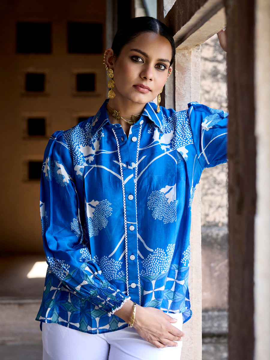 Blue Silk Printed Shirt