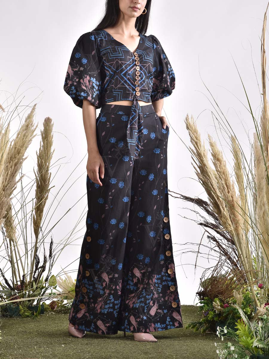 Black Printed Cotton Crop Top and Pants Set