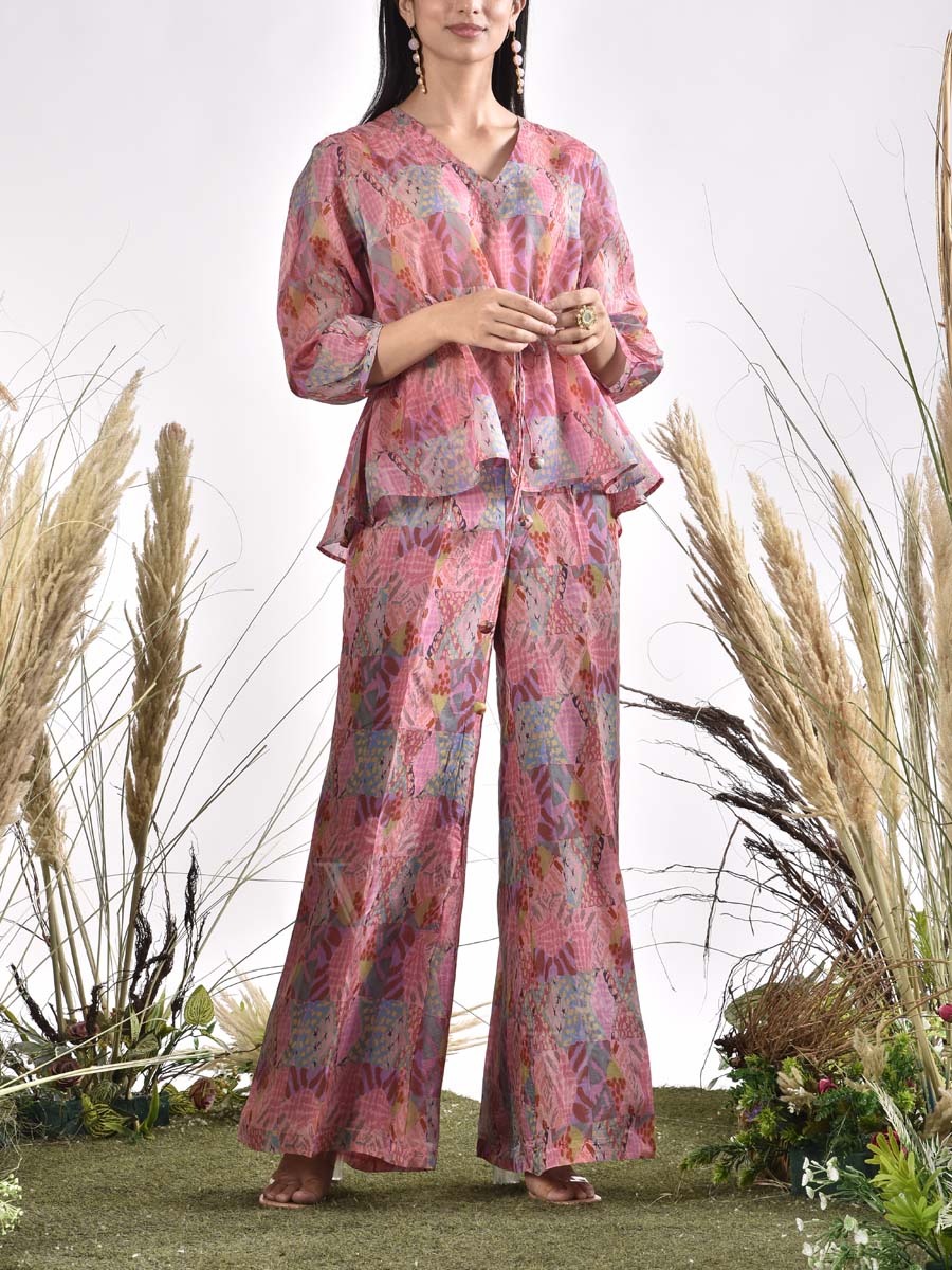Pink Silk Printed Co Ord Set