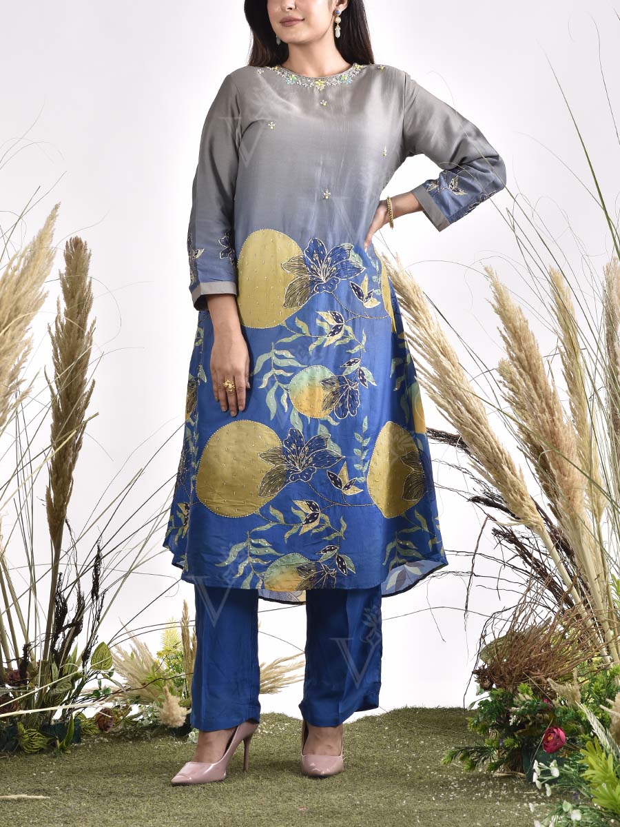 Blue and Grey Embroidered Vasansi Silk Printed Kurta and Pant set