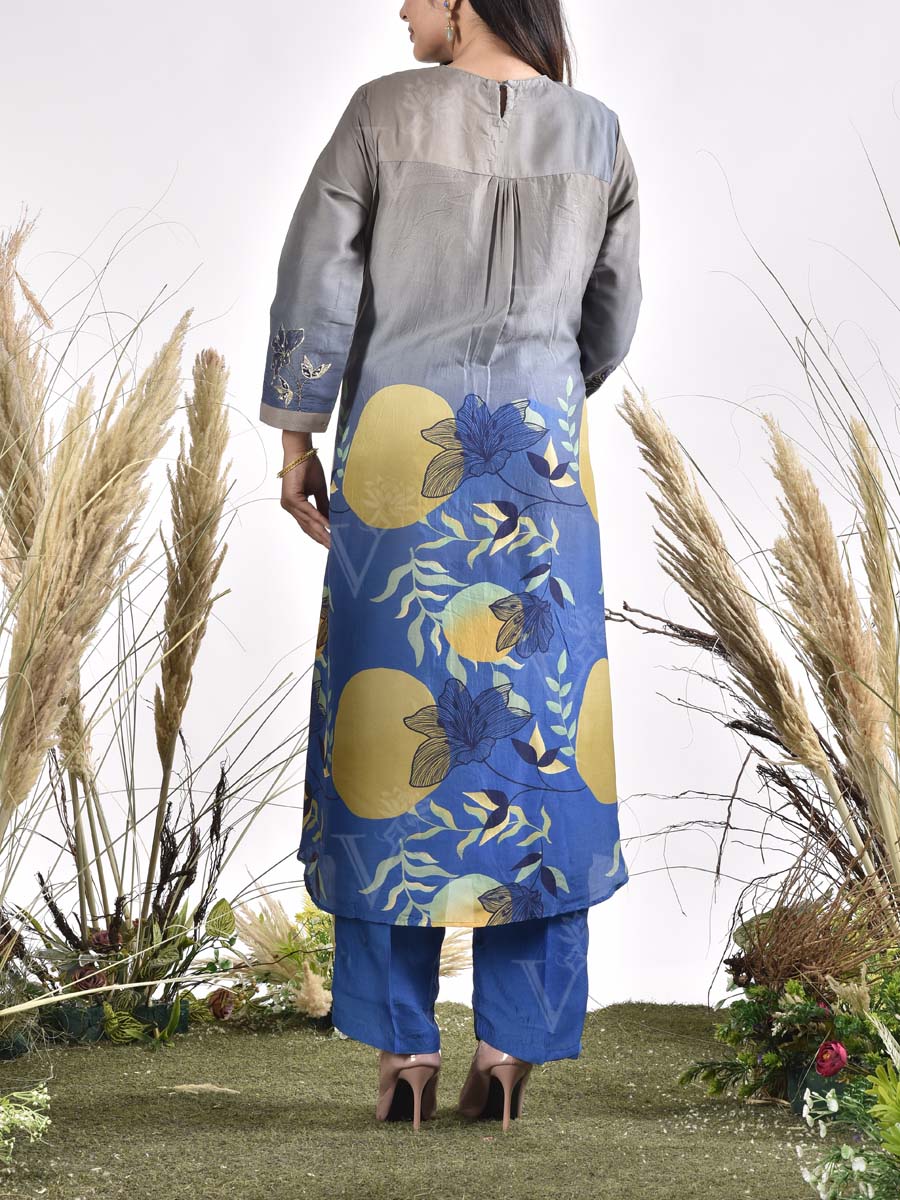 Blue and Grey Embroidered Vasansi Silk Printed Kurta and Pant set