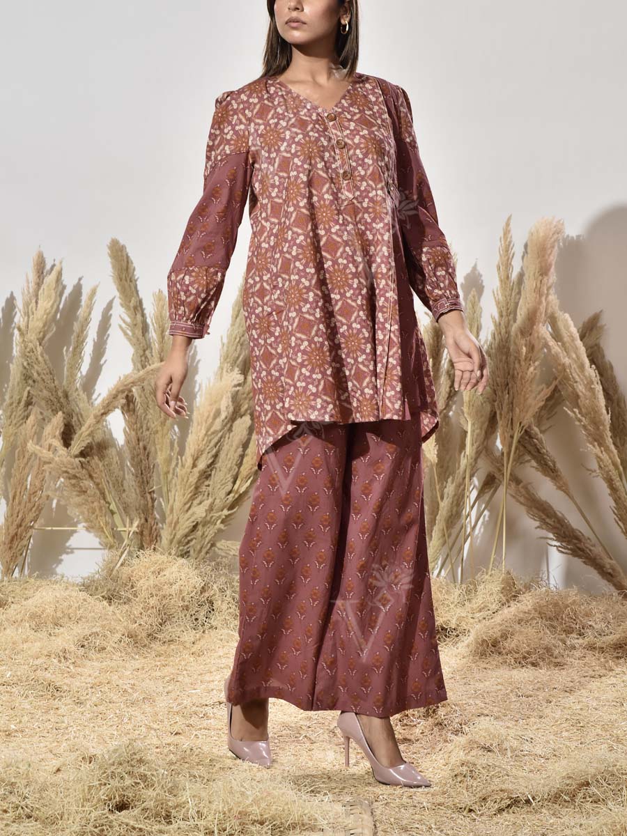 Brown Cotton Printed Co Ord Set