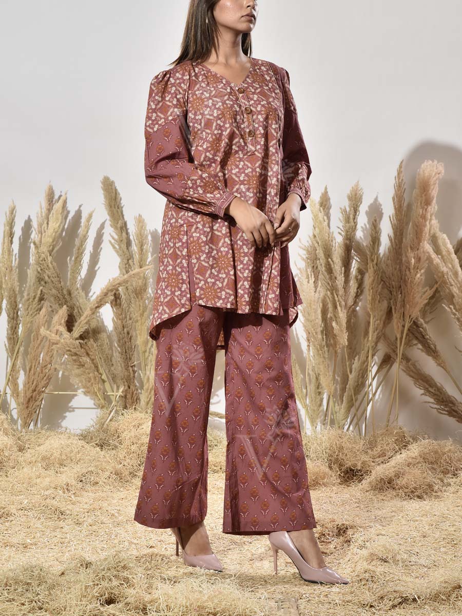 Brown Cotton Printed Co Ord Set